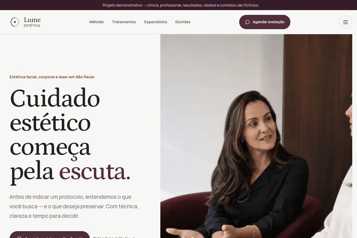 Site profissional da clínica de estética Lume Estética